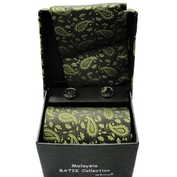 Batik Collection Malaysia Tie, Hanky & Cufflinks Black Green Silver Tone Tux IOB - Picture 4 of 8